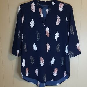 SHEIN Women's L Dark Navy Blouse With Feather Pattern